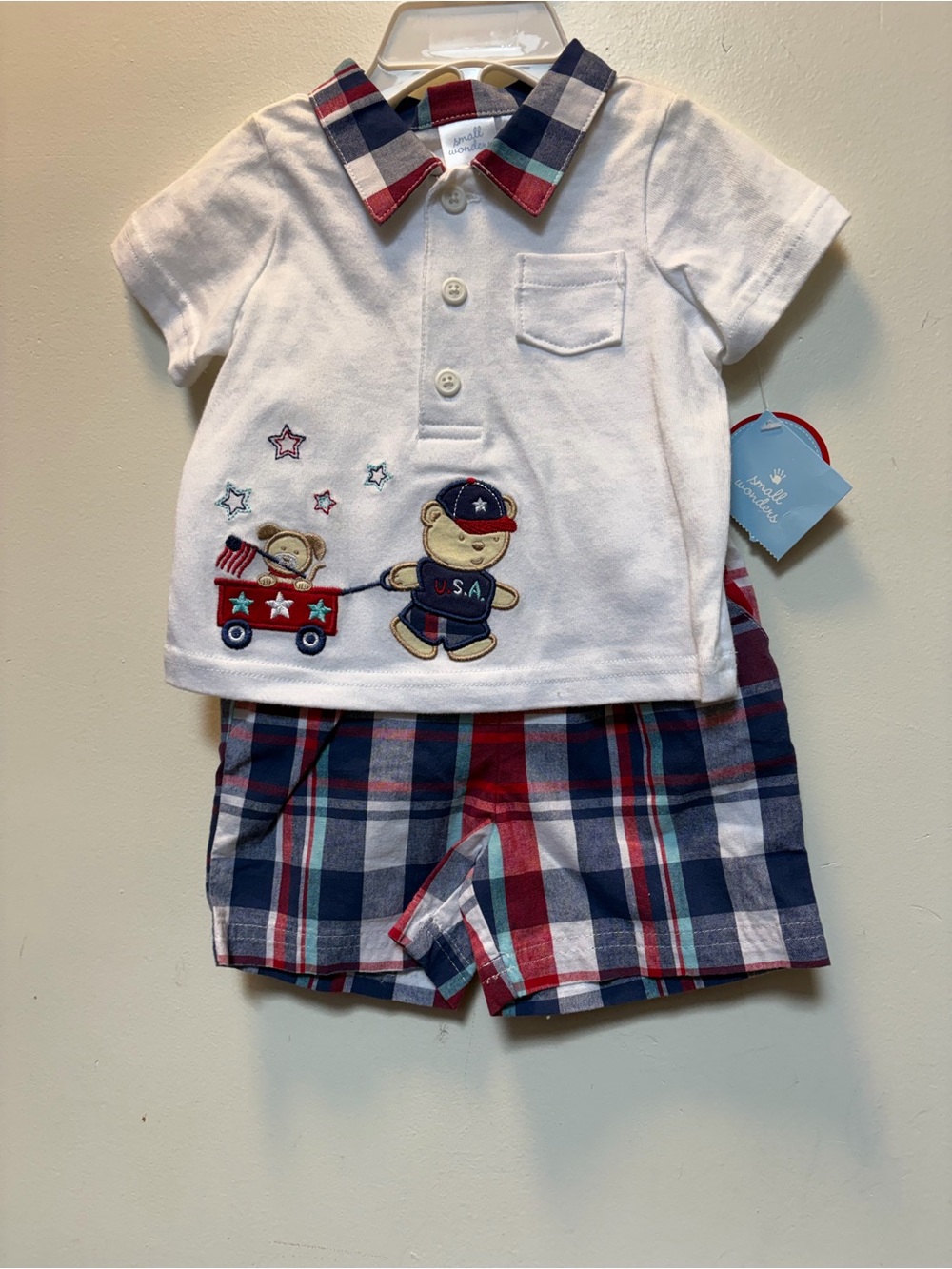 Vintage ‘90’s embroidered White Polo & Red Navy Plaid Shorts 4th of July NWTS !!